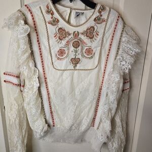 Anthropologie White Lace Blouse with Red and Green Embroidery